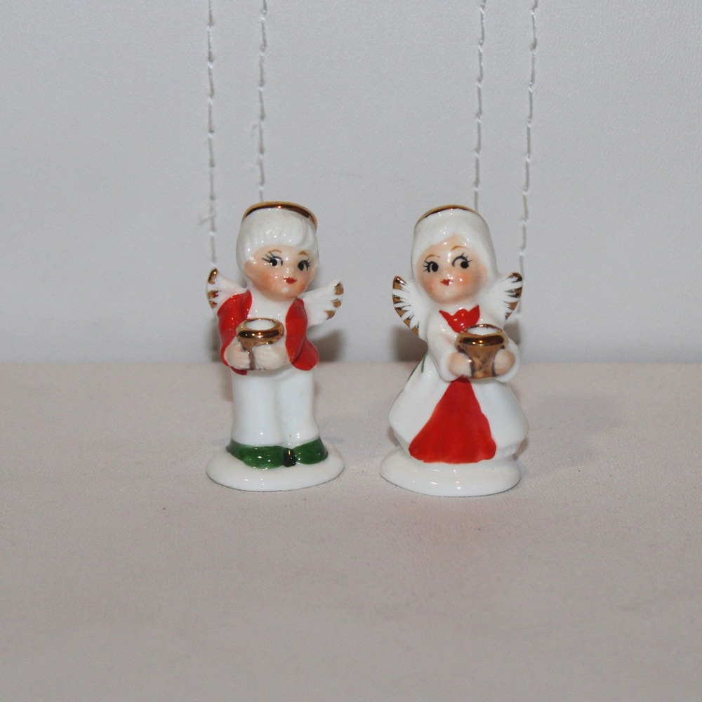 2 vintage Napcoware miniature angel figurines candle holders Christmas Decor set